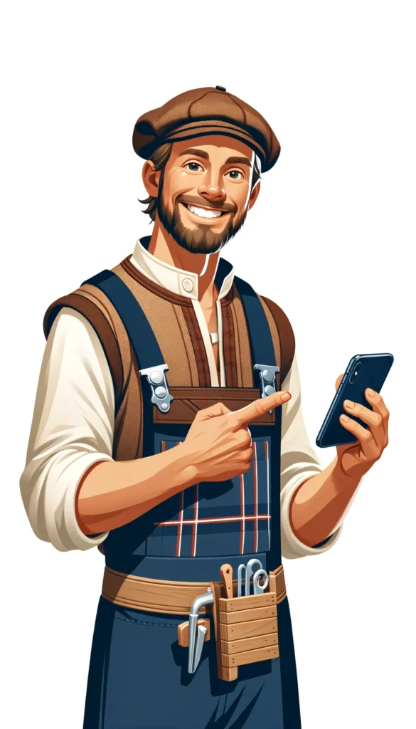 En håndværker der peger på sin telefon