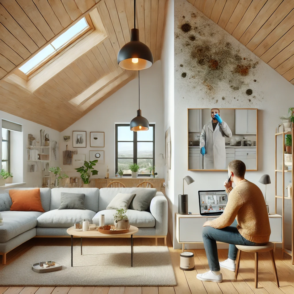 en dansk husejer i deres moderne villa viser en lille skimmeludfordring på væggen, mens en professionel håndværker guider og foretager en skimmelsvamp test via en videoforbindelse. Billedet fremhæver en effektiv og digital løsning på skimmelproblemer i hjemmet.