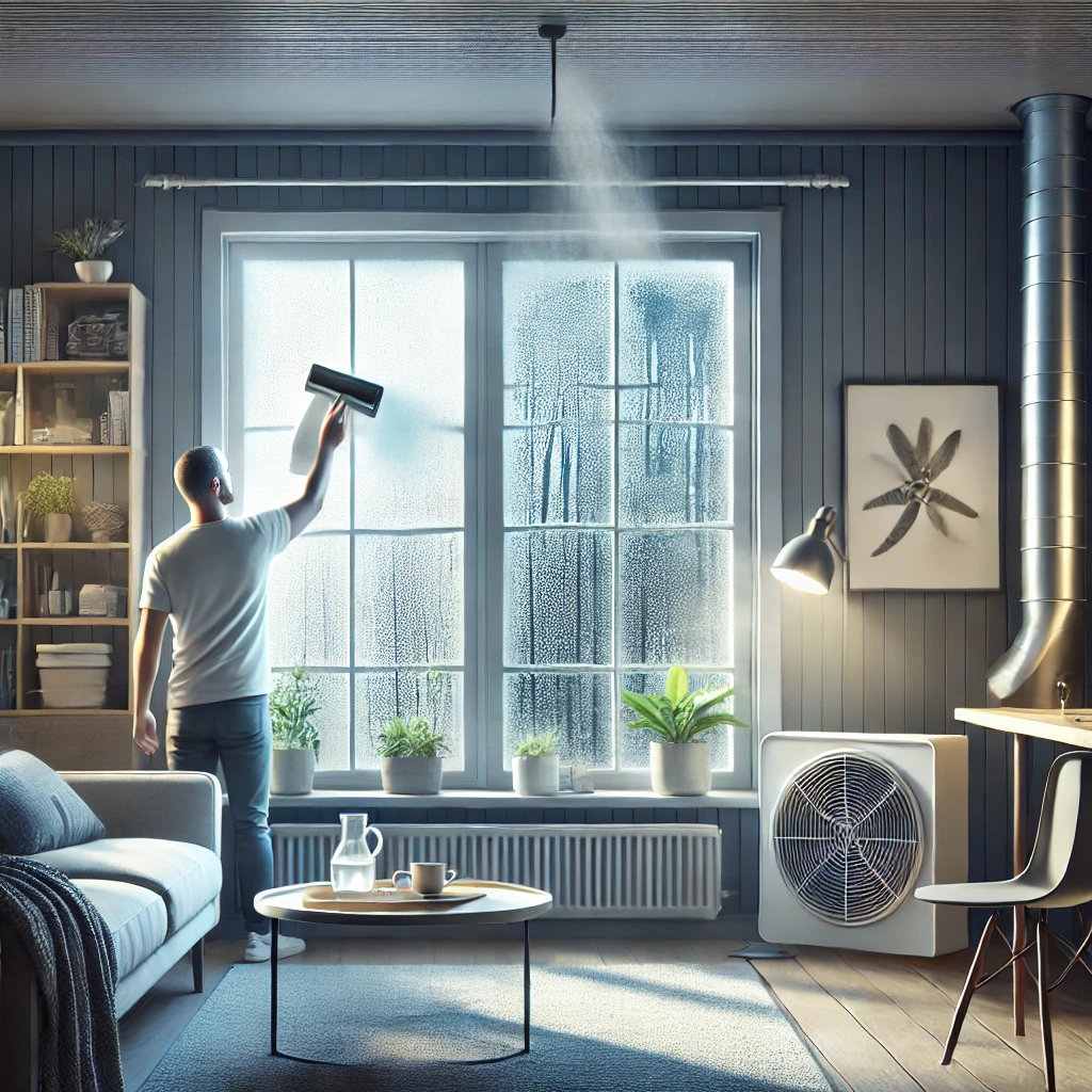 Kondens i vinduer i en dansk bolig, hvor en boligejer tørrer fugten væk.