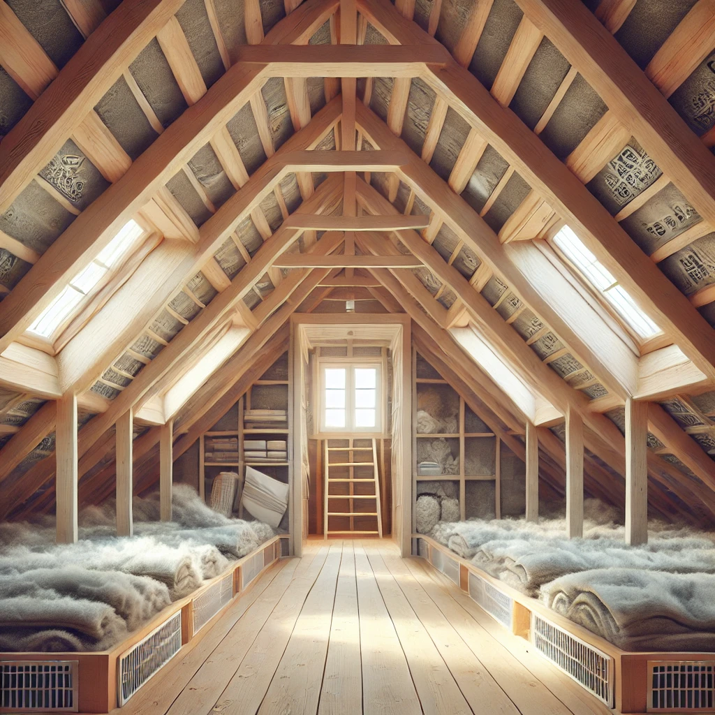 Illustration af et dansk husloft med korrekt ventilation, åbne ventiler og god isolering, der sikrer et tørt og sundt indeklima uden fugt og skimmel